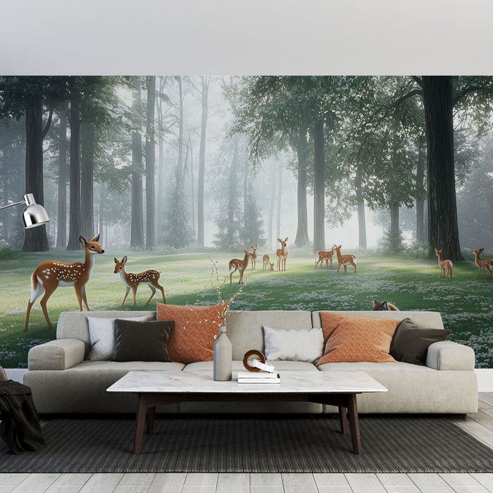 Mural Wallpaper enchanted forest | Scene of doe and fawn in the morning