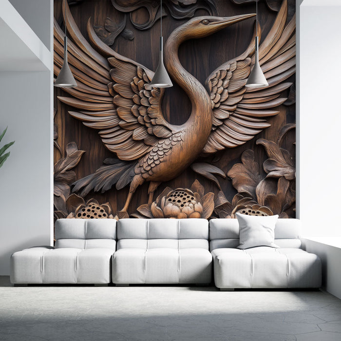 Tapeta kiparska | Žerjav in cvetje v reliefu