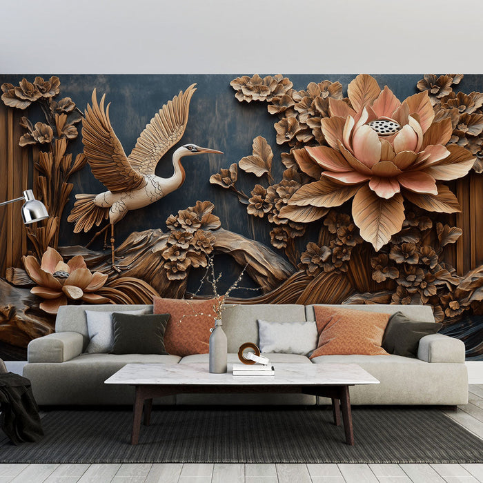 Fototapet doğa şekillendirilmiş | Vinç ve kabartma çiçekler