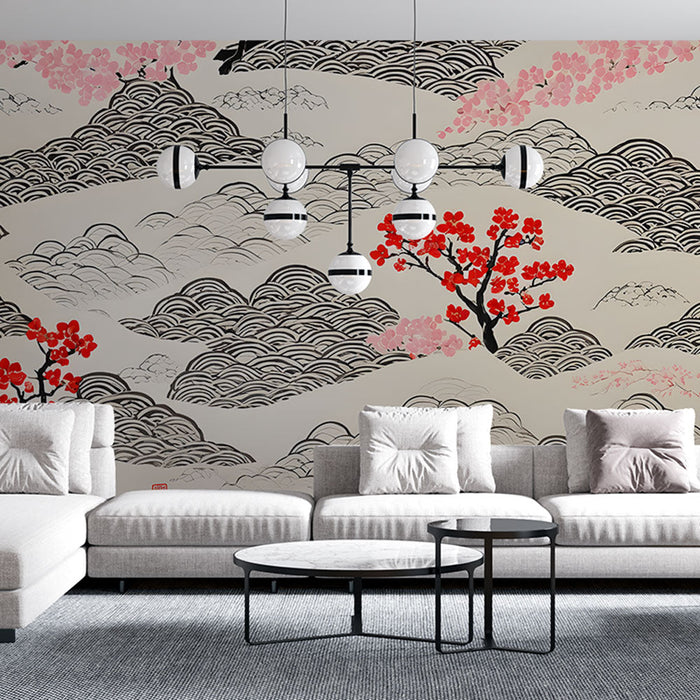 Mural Wallpaper Asian Landscape | Traditional Mountains and Flowers