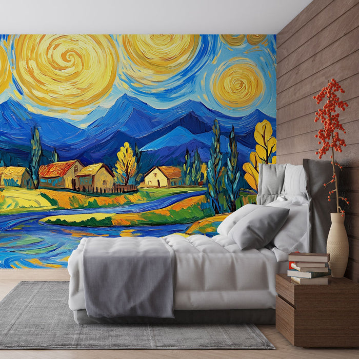 Fototapet nattlig landskap | Stjärnhimmel och by