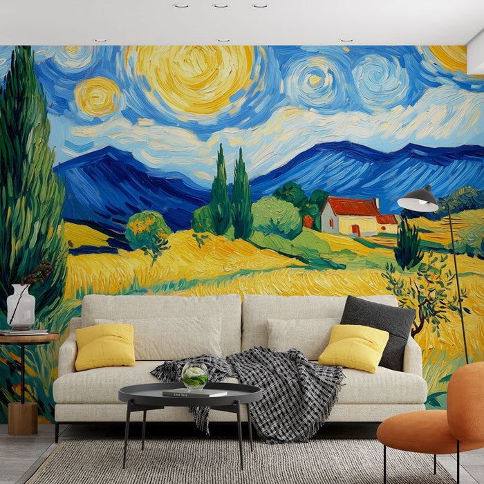 Falfestmény vidéki táj | Élénk színek és napraforgók