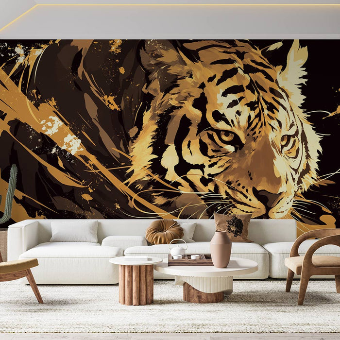 Carta da parati con murale di tigre | Design in nero e oro