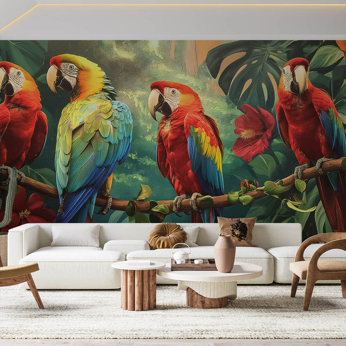 Mural Wallpaper bird | Four parrots on their branch
Pilditapet lind | Neli papagoid nende oksal