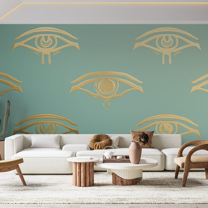 Mural Wallpaper Ancient Egypt | Golden Eye of Horus on Water Green Background