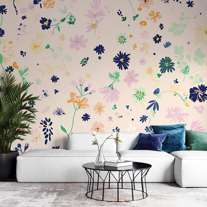 Mural Wallpaper flowers | Small multicolored flowers on beige background