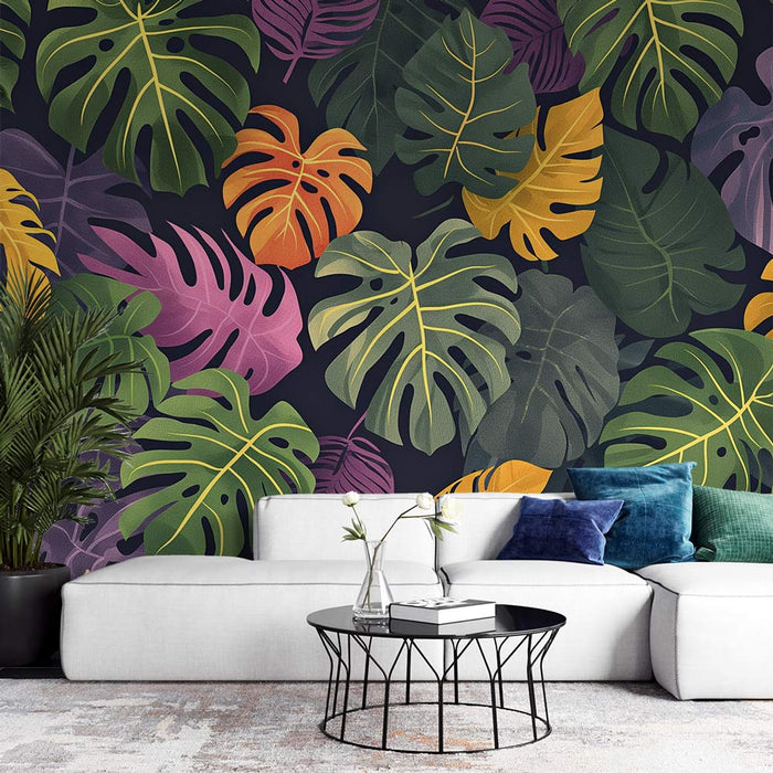 Fototapet monstera | Koyu arka plan üzerinde sarı, yeşil ve mor yapraklar