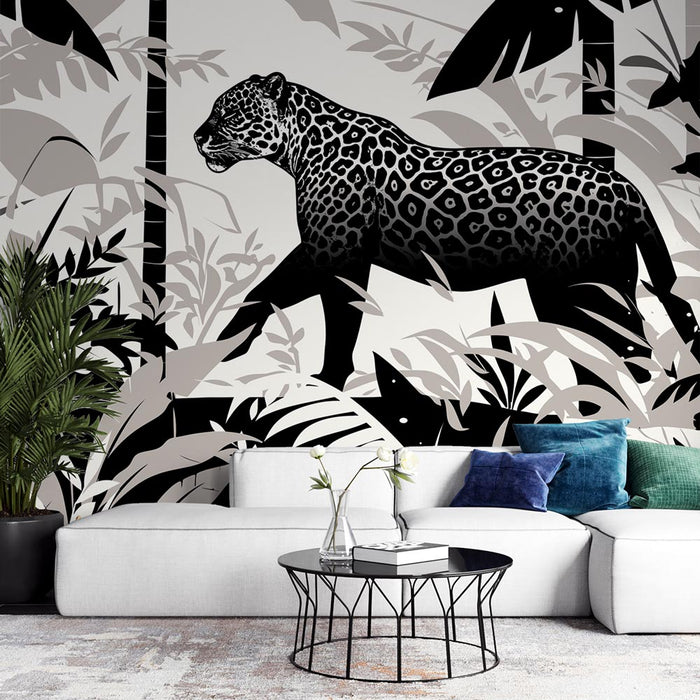 Svart og hvitt Jungle Mural Tapet | Leopard