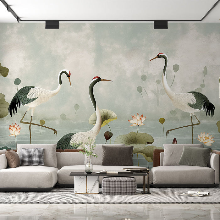 Mural Wallpaper bird | Cranes in the pond