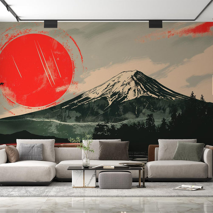 Mount Fuji Mural Wallpaper | Red and Green Painting