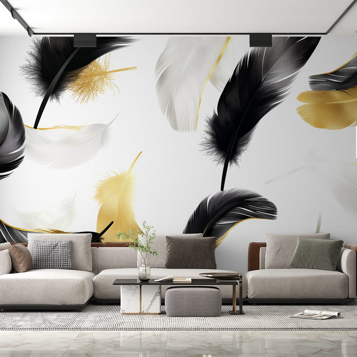 Feather Mural Wallpaper | Black White and Gold Alternation