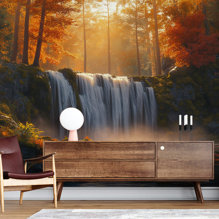 Mural Wallpaper autumn waterfall | Enchanting forest landscape