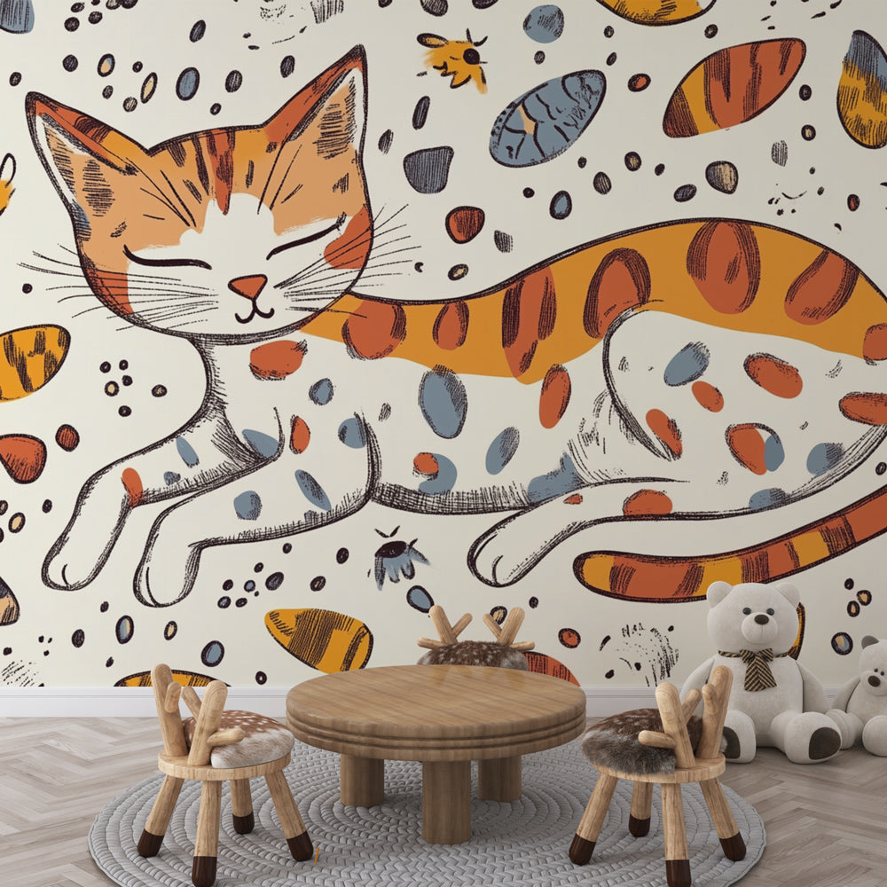Mural Wallpaper playful cat | Design with colorful patterns — WonderMural