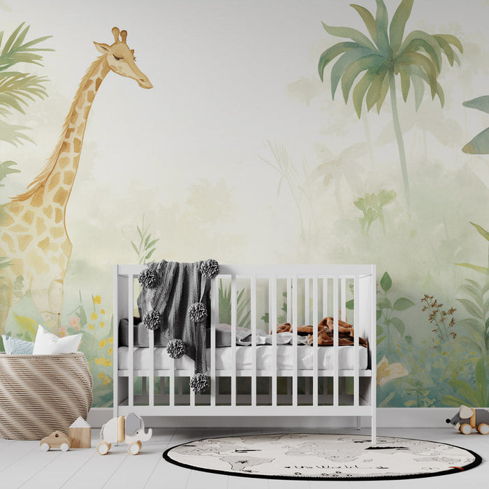 See on sivu, joka myy upeaa tapettia. Tämä on tuotteen kuvaus: "Giraffe Wallpaper | Illuminated Jungle"