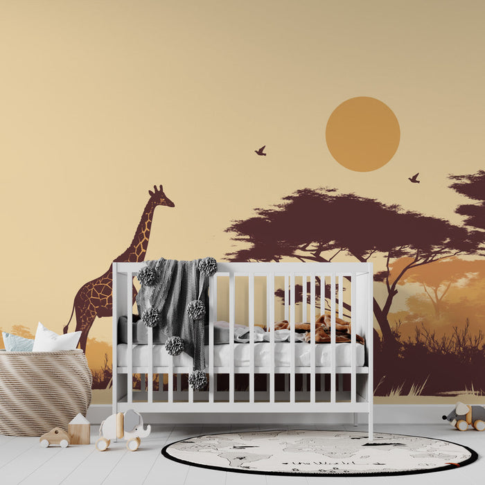 Giraffe Mural Wallpaper | Solnedgang på savannen