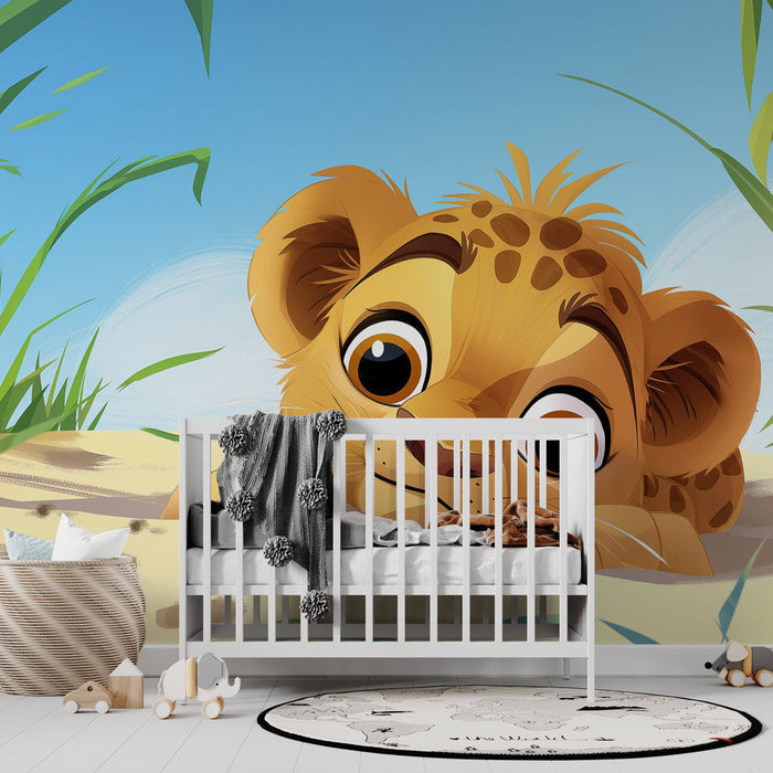 3D Lion Cub Mural Wallpaper | Verborgen in het Zand