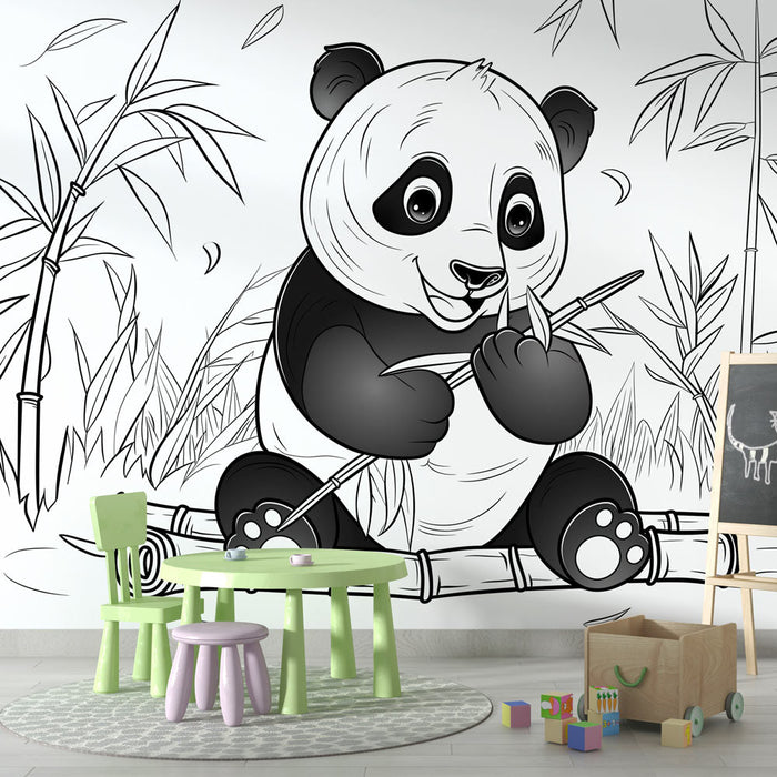 Coloring Mural Wallpaper | Panda Playing with its Bamboo