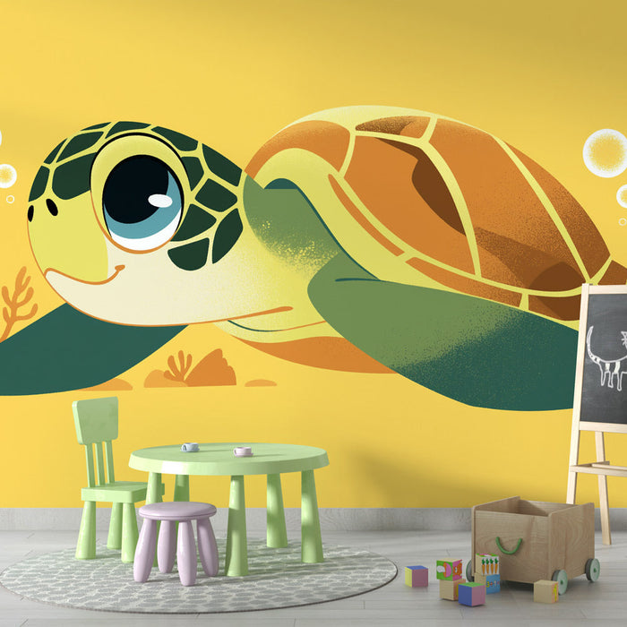 Giant Turtle Mural Wallpaper | Bubbles and Yellow Background