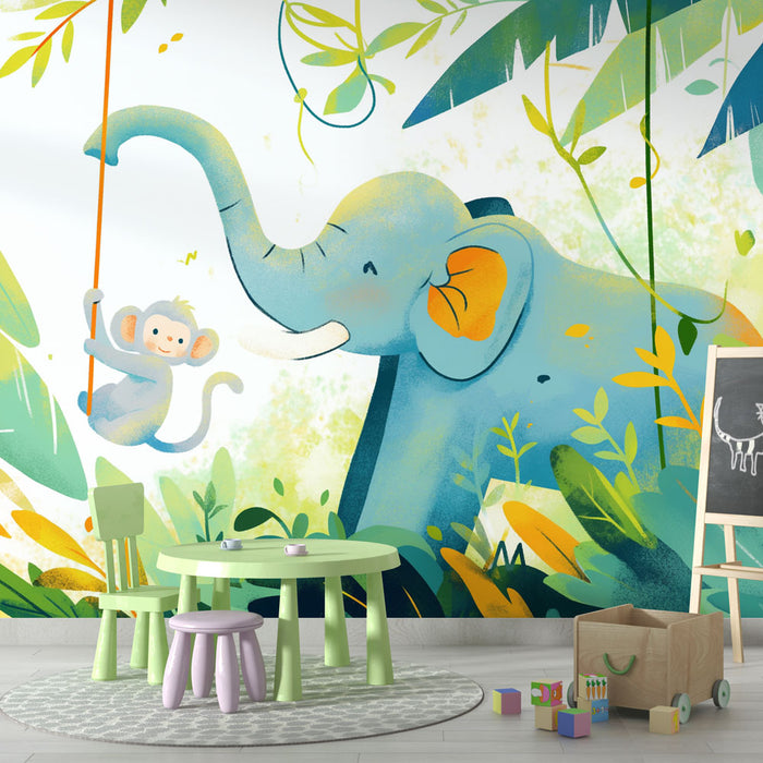 Papel pintado de selva tropical | Mono y Elefante