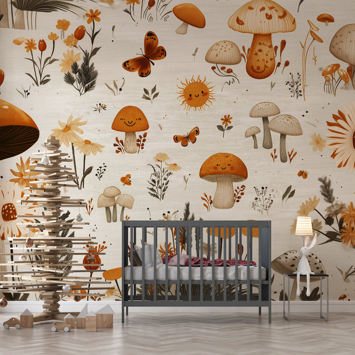 Fali tapéta gombák és pillangók | Természetes és játékos minta