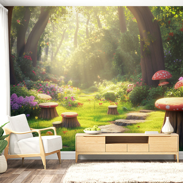 Papel pintado bosque mágico | Decoración encantadora con setas y flores