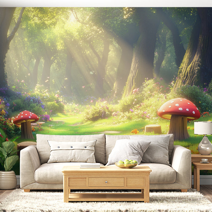 Fotótapéta elbűvölő erdő | Varázslatos gombák és napsugarak