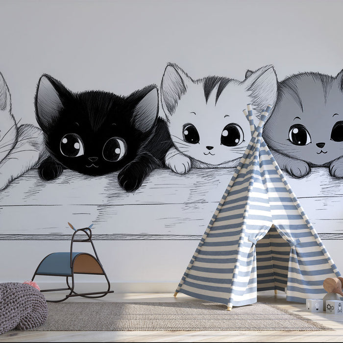 Mural Wallpaper cute kittens | Black and white drawing
