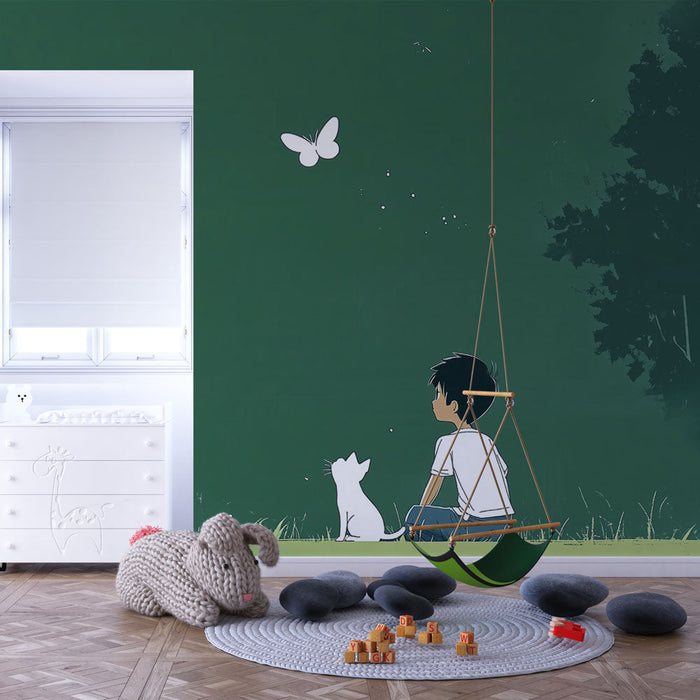 Mural Wallpaper nature and innocence | Child and cat under a green sky