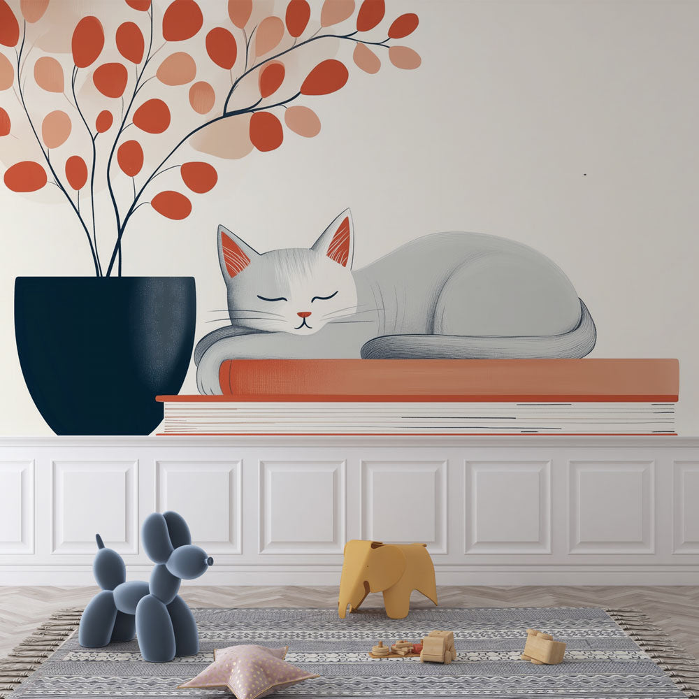 Cat and plants mural wallpaper | Sleek design — WonderMural