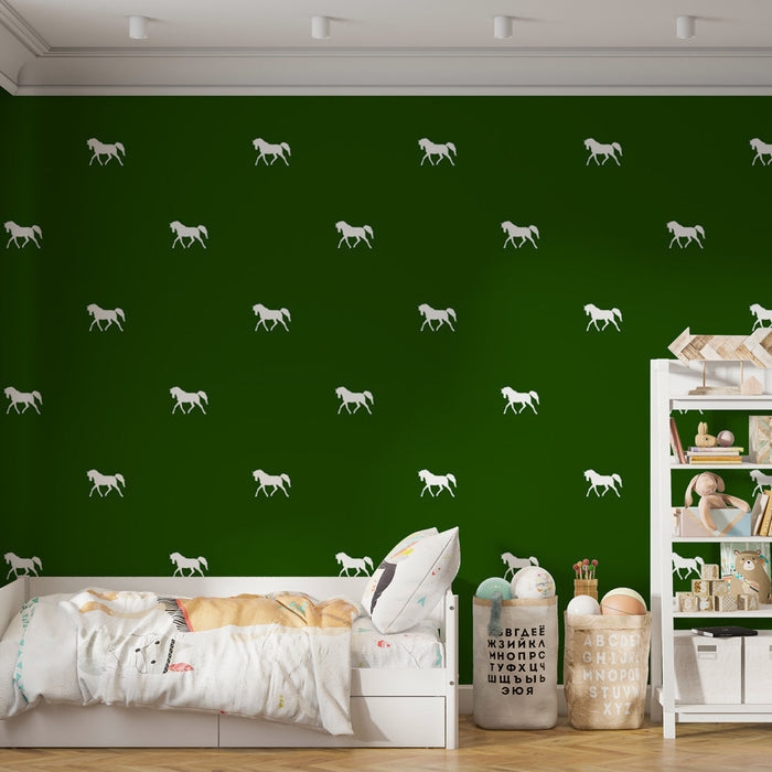 Foto Behang paarden | Witte silhouetten op groene achtergrond
