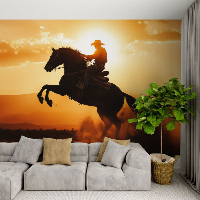 Foto Behang cowboy | Silhouet bij zonsondergang