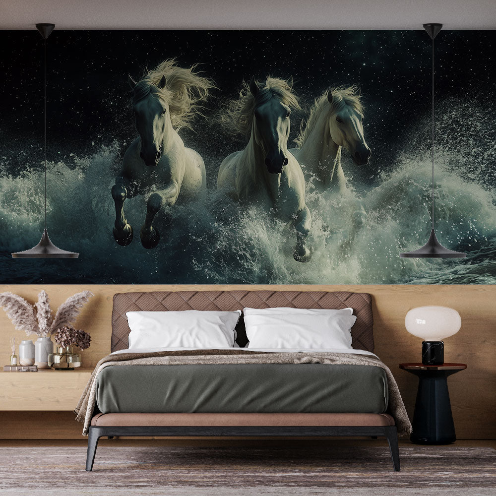 Carta da parati cavalli selvaggi | Galoppa tra le onde — WonderMural, image size:1000x1000
