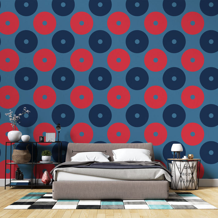 Mural Wallpaper retro circles | Blue and red geometric patterns