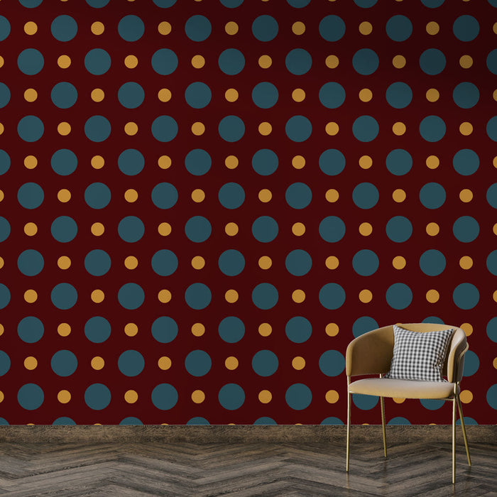 Papel pintado retro | Puntos azules y dorados sobre fondo granate
