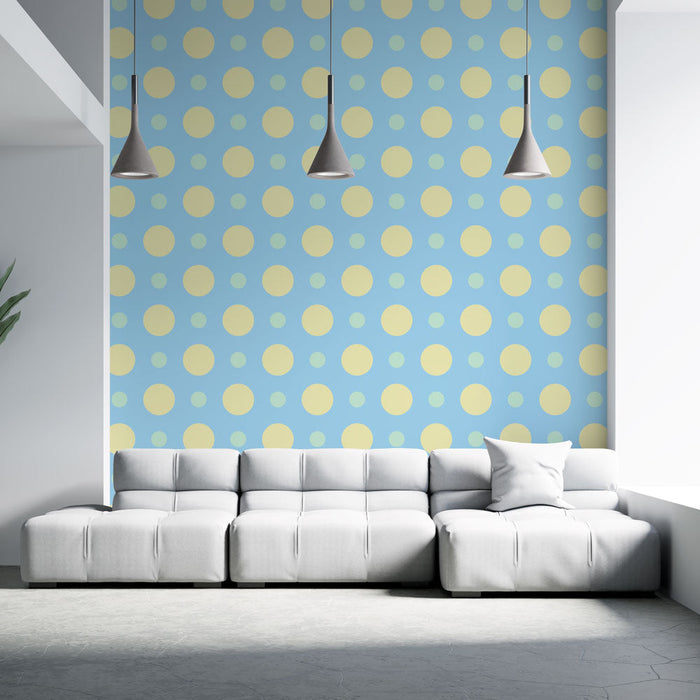 Tapet med polka prickar | Retro blå och gul mönster