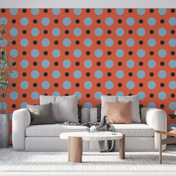 Fototapet med prikker | Retro blått og svart mønster på oransje bakgrunn