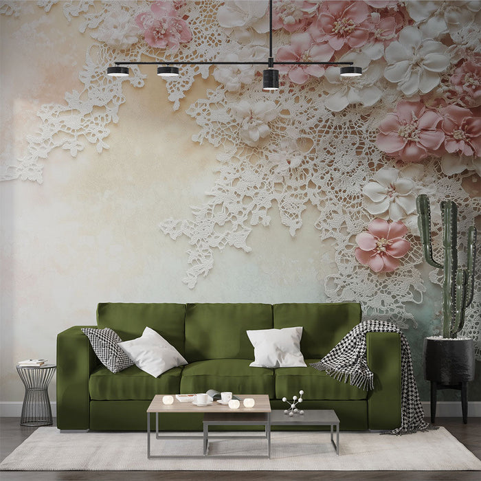 Mural Wallpaper floral | Lace and pastel flowers