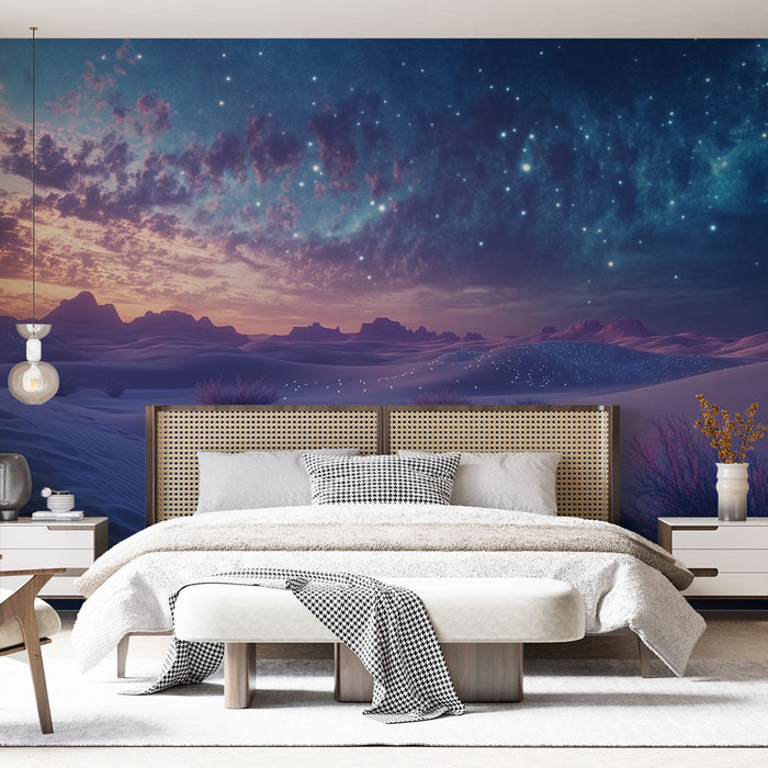 Звезден пустинен тапет | Пейзаж на дюни под блестящо нощно небе