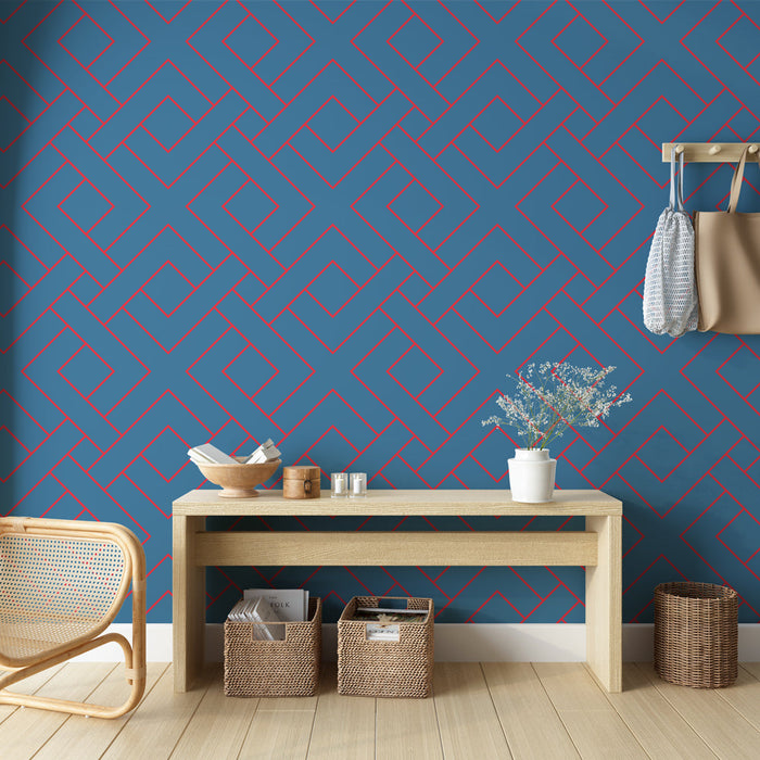 Fototapet geometrisk | Blått og rødt sammenflettet mønster