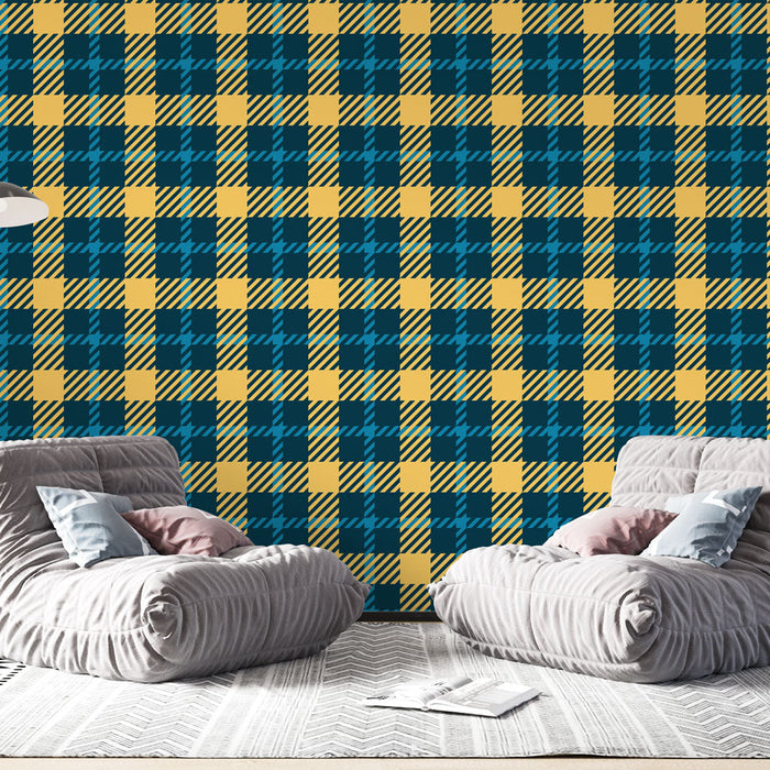 Tapet cu carouri | Model retro albastru și galben