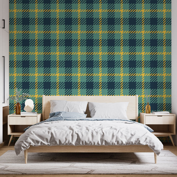 Tapete Scottish | Blaues und gelbes Tartan-Muster