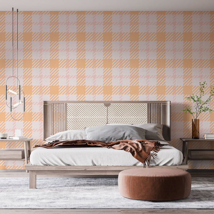 Papel de parede com xadrez | Padrão rosa pastel e laranja