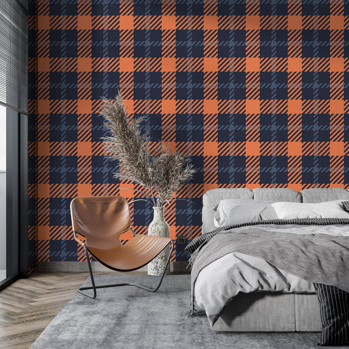 Tapete mit Karos | Blaues und orangefarbenes Tartan-Muster