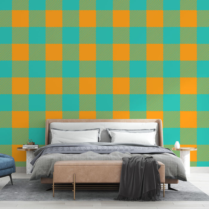 Mural Wallpaper checkered | Contemporary orange and turquoise pattern