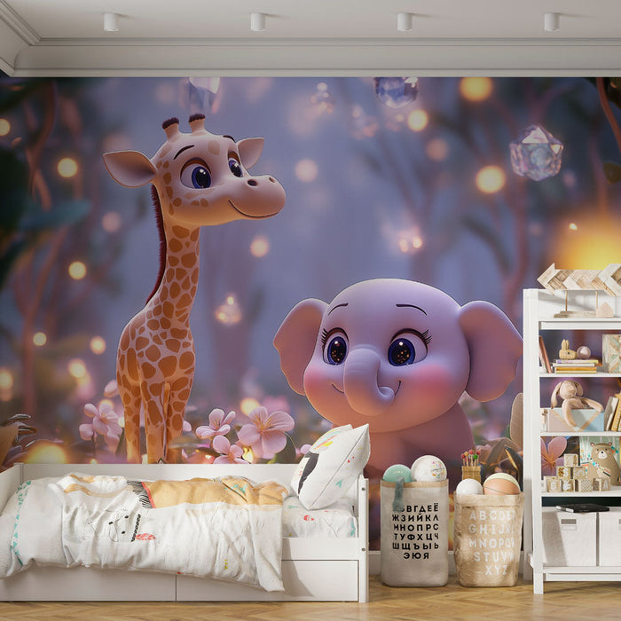 Tapet animale drăguțe | Girafă strălucitoare și elefant bebeluș