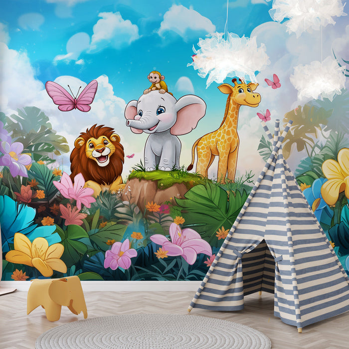 Fototapet orman | Sevimli hayvanlar ve renkli çiçekler