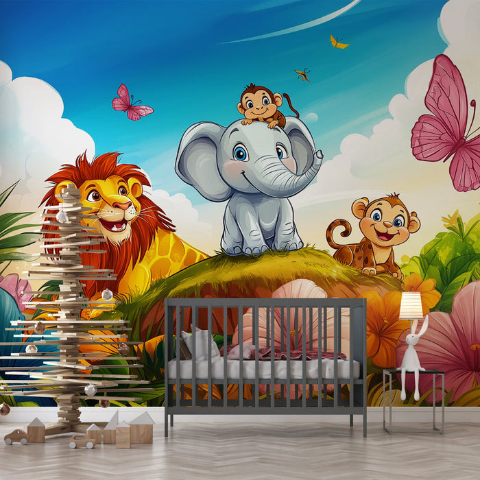 Fototapet orman | Renkli hayvanlar ve çiçekler