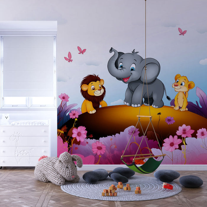 Carta da parati per bambini | Animali della giungla in toni pastello