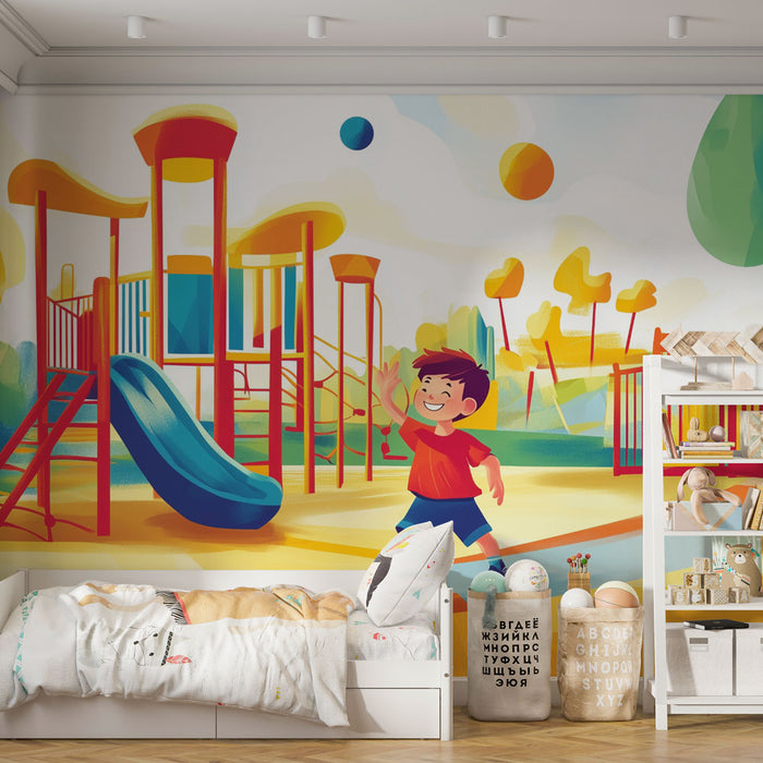 Fototapet loc de joacă | Zonă de joacă colorată și copil fericit
