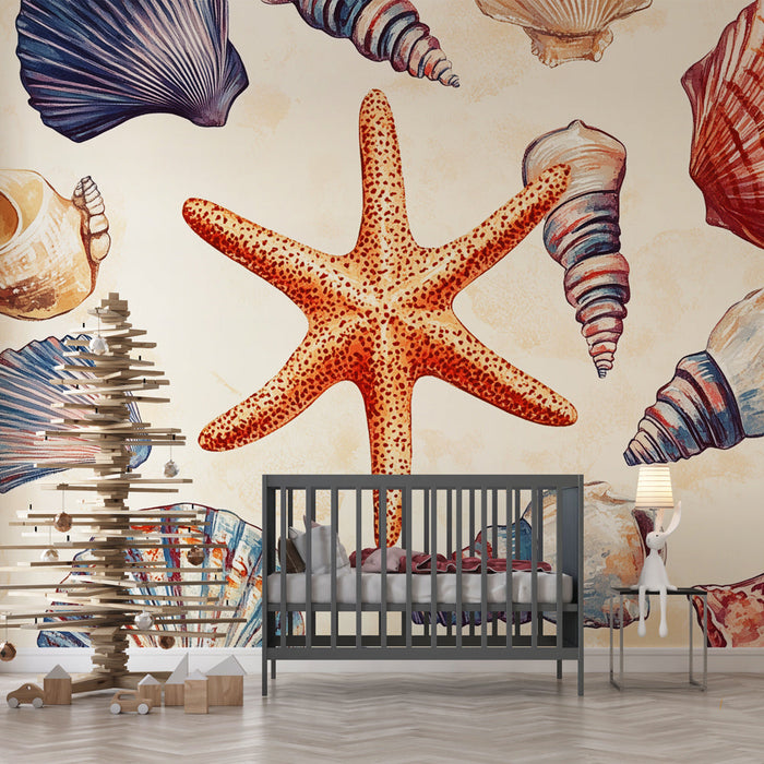 Papel pintado con conchas | Diseño marino y estrellas de mar